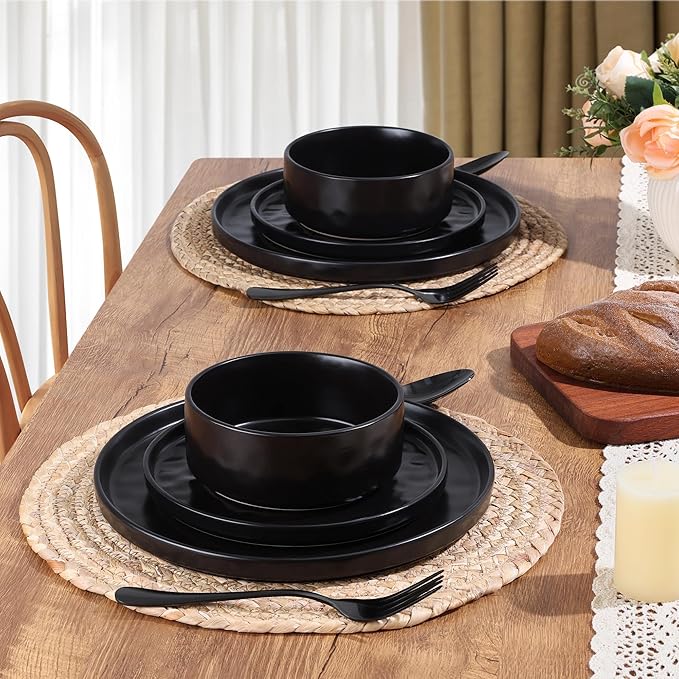 LIANYU Dinnerware Dishes Sets for 2, 6 Piece Stoneware Plates and Bowls Dishware Set, Ceramic Dinning Ware Includes Dinner Salad Plates, Cereal Bowls, Chip & Scratch Resistant, Obsidian Matte Black
