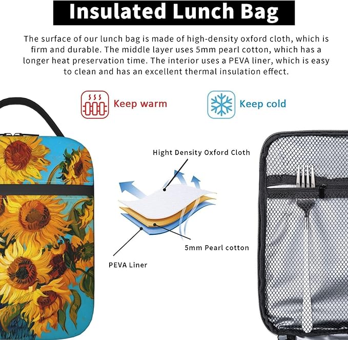 Sunflower Insulated Lunch Box for Women Men Sunflower Lunch Bag for Travel,or Fishing Polyester