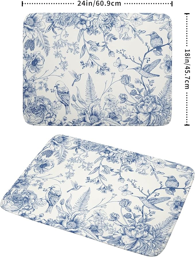 Chinoiserie Flowers Dish Drying Mat for Kitchen Counter, 18x24 Inch Vintage Blue Floral Birds Ultra Absorbent Reversible Dish Drainer Mats Plate Holder