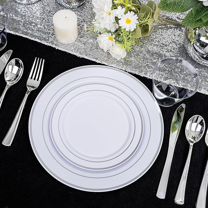 bUCLA 600pcs Silver Plastic Dinnerware Set for 100 Guests - Silver Christmas Dinnerware Set Disposable for Party - Include 100 Dinner Plates,100 Dessert Plates,100Cups,100 Knives,100 Forks,100 Spoons