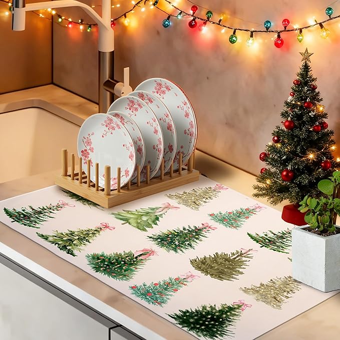 Pink Coquette Bow Christmas Tree Dish Drying Mat, Preppy Christmas Coffee Bar Mat for Countertops, Xmas Bauble Tree Absorbent Dish Drying Mats for Kitchen Counter Coffee Maker, 16x24 Inch