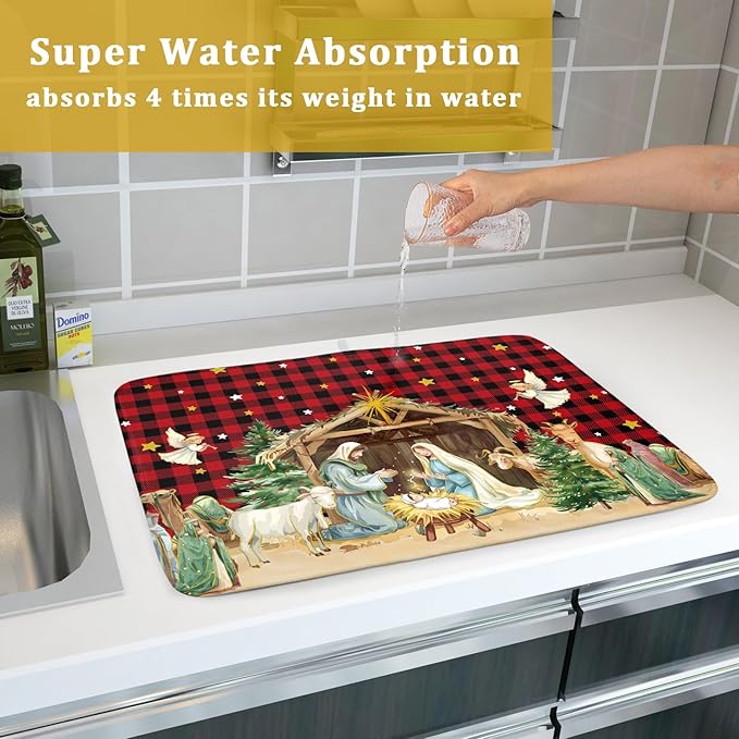Xmas Dish Drying Mats 18x24 Inch, Red Black Vintage Buffalo Plaid Microfiber Absorbent Dishes Drainer Rack Tableware Protector Pad for Kitchen Counter Home Decor