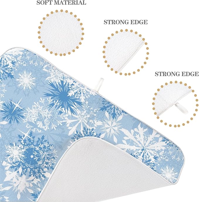 Christmas Dish Drying Mats 18x24 Inch White Blue Snowflake Drying Mats Xmas Winter Holiday Kitchen Decor Absorbent Drying Dish Pad Rack Drainer Mats for Kitchen Dining Room Counter