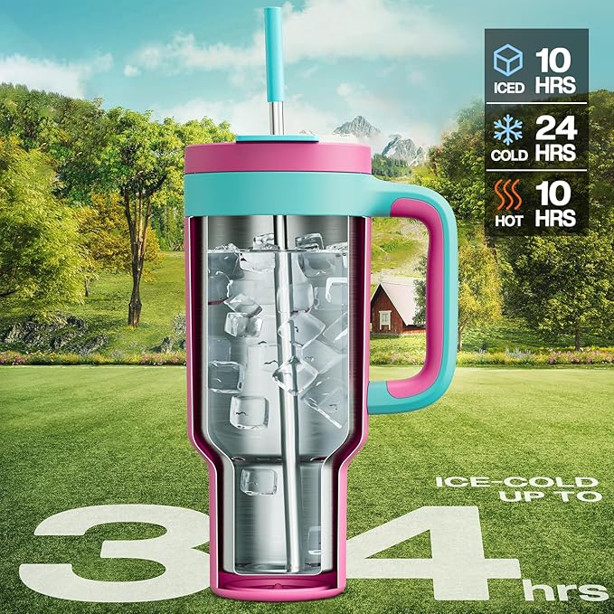40 oz Tumbler with Handle, 2-in-1 Straw and Sip Lid, Leakproof, Dishwasher Safe, Insulated Stainless Steel Travel Coffee Mug, Keeps Cold for 34 Hours, Fits in Car Cup Holder (Barbie)