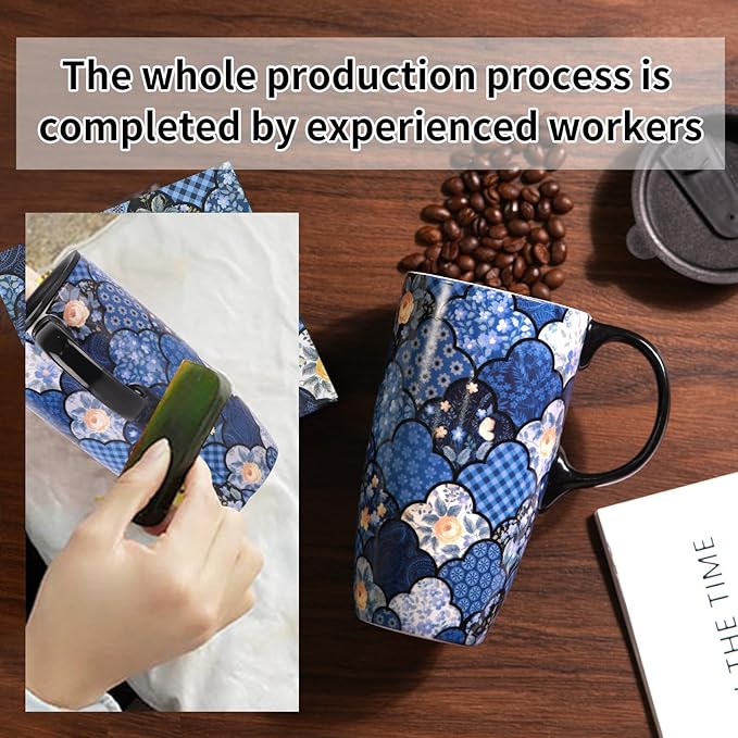 Topadorn Ceramic Mug Coffee Cup with Spill-Proof Lid Latte Mug for Home and Office with Gift Box,Blue