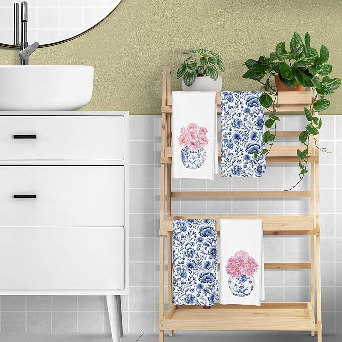 Blue and White Chinoiserie Pink Rose Flowers Floral Kitchen Towels Set of 2 - Rose Decorative Hand Towels for Kitchen Bathroom, Blue and White Chinoiserie Floral Gifts, 16x24