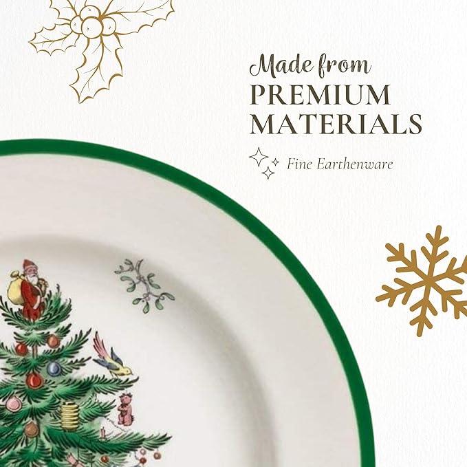 Spode Christmas Tree 5-Piece Holiday Dinnerware Set - Festive Earthenware Tableware with Plates, Teacups, Saucers - Microwave, Dishwasher Safe - Christmas Dinnerware & Holiday Tableware