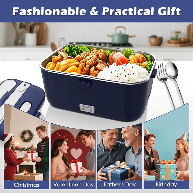 100W Electric Lunch Box Food Heated 12V 24V 110V Fast Food Warmer Heater for Car/Truck/Home Portable Food Heating Boxes with 1.8L 304 SS Container 0.45L Compartment(Royal Blue+White)