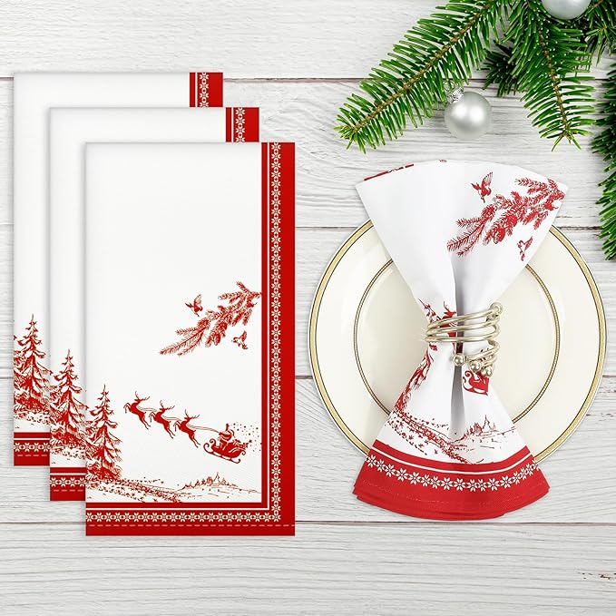 Christmas Pine Tree Napkins, 18×18 Inch Santa Dinner Cloth Napkins Set of 4, Washable Cotton Soft Absorbent Square Napkins for Dining Kitchen Party Wedding Decoration