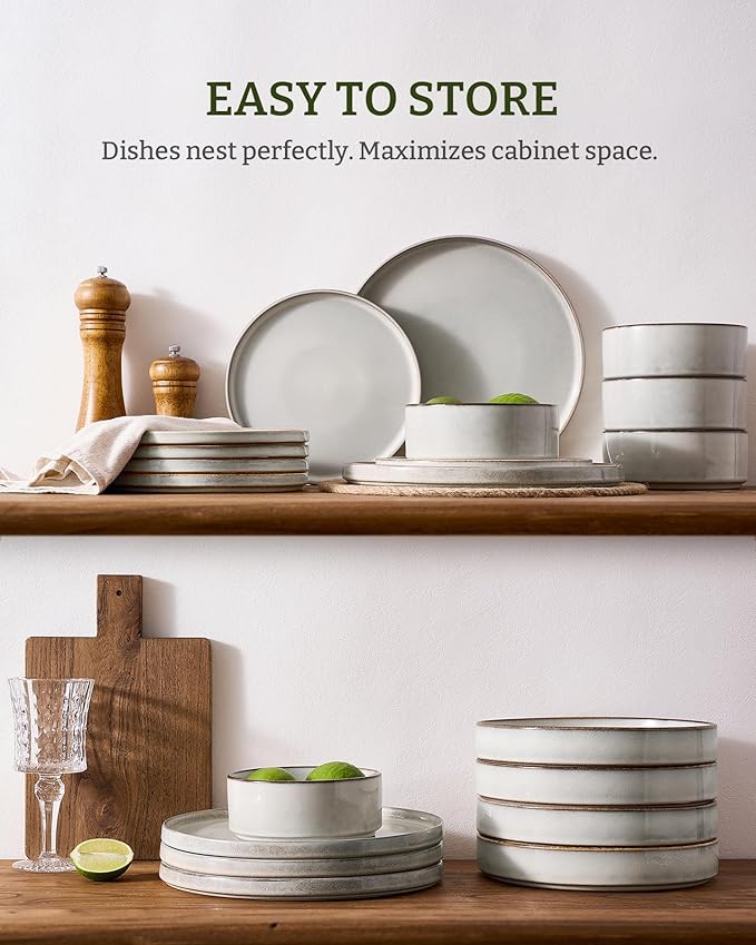 Famiware Annecy Plates and Bowls Sets, Service for 4 (16 Pieces), Dinnerware Sets with Pasta Bowls, Microwave and Dishwasher Safe Dishes Set, Chip and Scratch Resistant, Grey-White