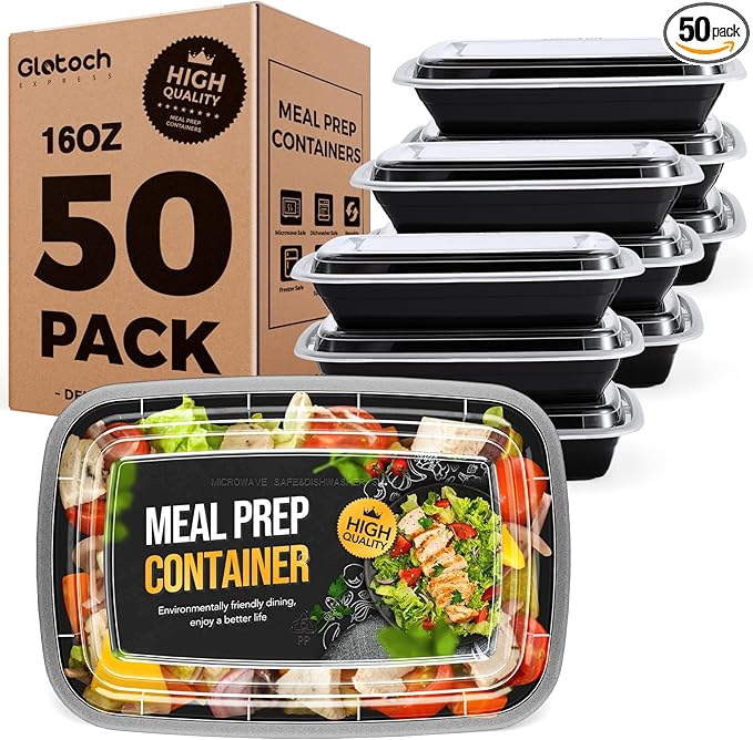 100-Piece (50-Pack) 16 OZ Meal Prep Containers Reusable with Lids, Sturdy Leakproof & Food Safe, Microwave, Freezer, Dishwasher Safe To Go Food Containers, Plastic Take Out Containers, Black