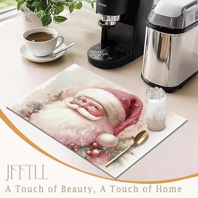 Pink Christmas Santa Dish Drying Mat, Winter Xmas Santa Absorbent Dish Drainer Reusable Washable Drying Mat Pad for Kitchen Counter, Pink Christmas Kitchen Decor, 12×15 Inch