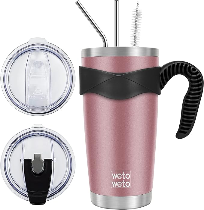 WETOWETO 20oz Insulated Stainless Steel Tumbler with Handle, Coffee Mug with 2 lids and 2 straws, Double Wall Vacuum Travel Coffee Mug, Powder Coated Tumbler Cup (Rose Gold,1)
