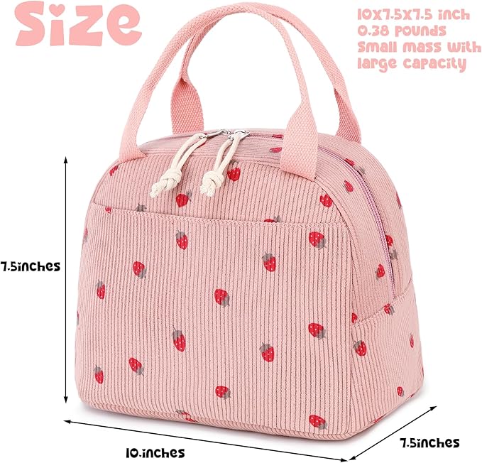 Bluboon Lunch Bag for Women Men Cute Corduroy Lunch Tote Bags Reusable Insulated Lunch Box Large Capacity Reusable Insulated Cooler for Work Picnic or Travel (Corduroy strawberry pink)