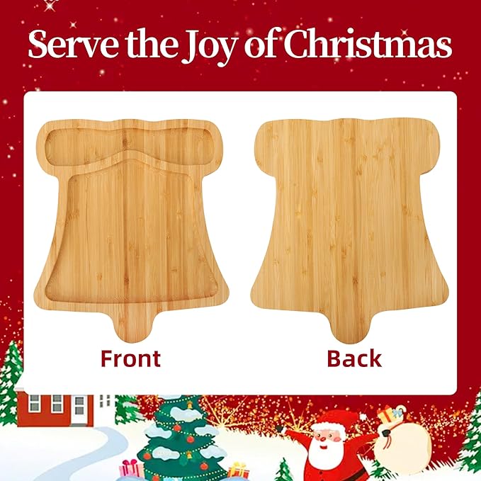 TJ POP Christmas Bamboo Serving Tray – Bell Shape – Holiday Wooden Snack Dish for Candy, Cookies, Nuts – Rustic Christmas Party Table Decoration