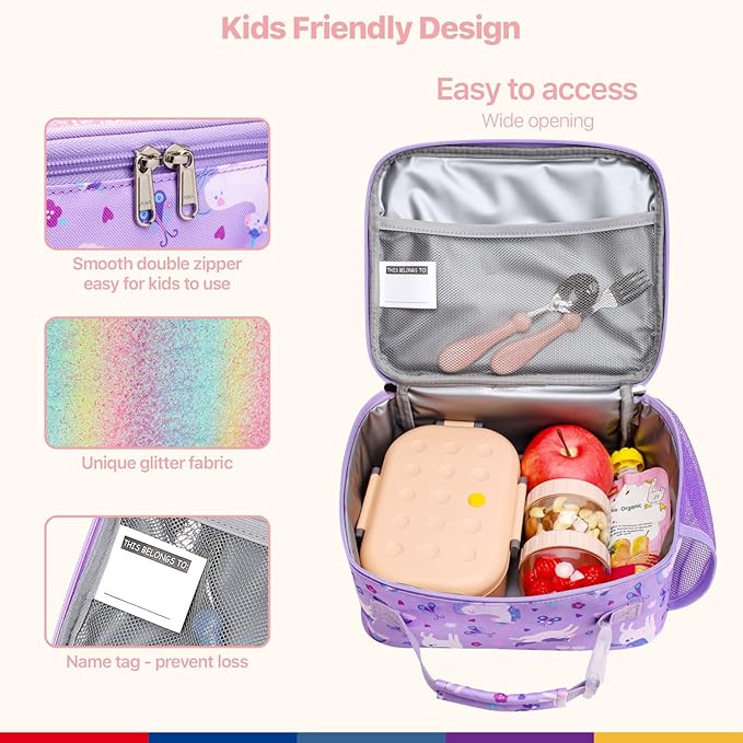 Bagseri Lunch Bag for Girls - Kids Lunch Box for Girls Reusable Leak-Proof and Insulated Kids Lunch Bag Toddler Lunch Box for Daycare and School, Glitter Purple Unicorn (Water Bottle Not Included)