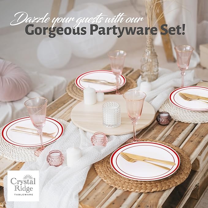 60 Pieces White Plastic Disposable Plates - Premium Heavy-Duty 30 Dinner Plates & 30 Salad Plates with Red Rim Ideal for Party, Birthday and Special Events