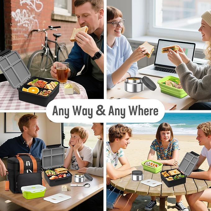 Adult Lunch Box Set Insulated Leakproof Meal Prep Kit with 4-Compartment, Thermo for Hot&Cold Food, Lunchbox Containers for Men&Women, Lunch Cooler Bag with Ice Pack for Work Camping Daytrip(Black)