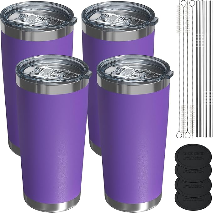 Travel Coffee Tumbler 20oz, 4 Pack Leakproof Travel Coffee Mug with Lid and Straw, Stainless Steel Double Wall Vacuum Insulated Tumbler for Hot/Iced Drinks (Textured Matte, Purple)
