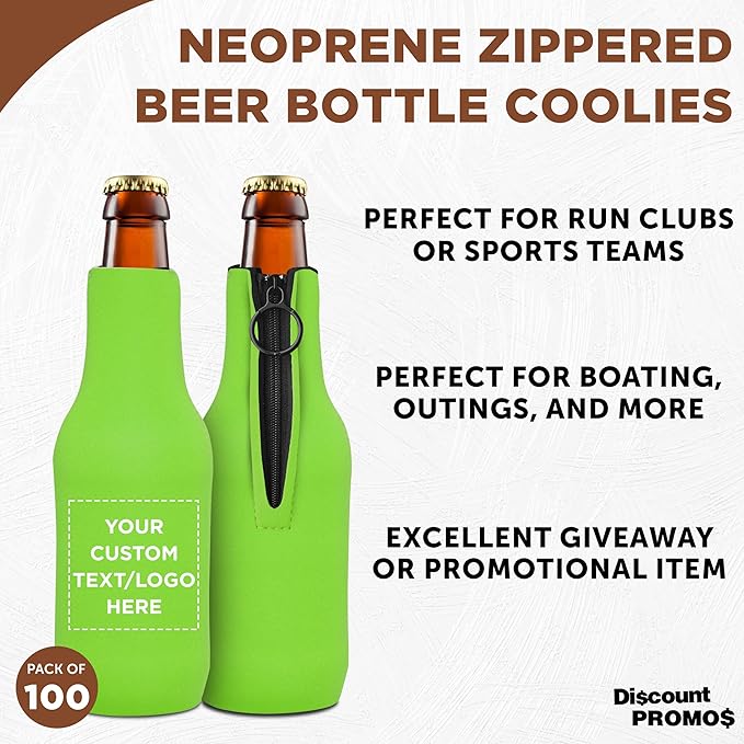 100 Neoprene Zippered Beer Bottle Coolies Pack - Customizable Text, Logo - Sharkskin Rubber Bottom - Lime Green