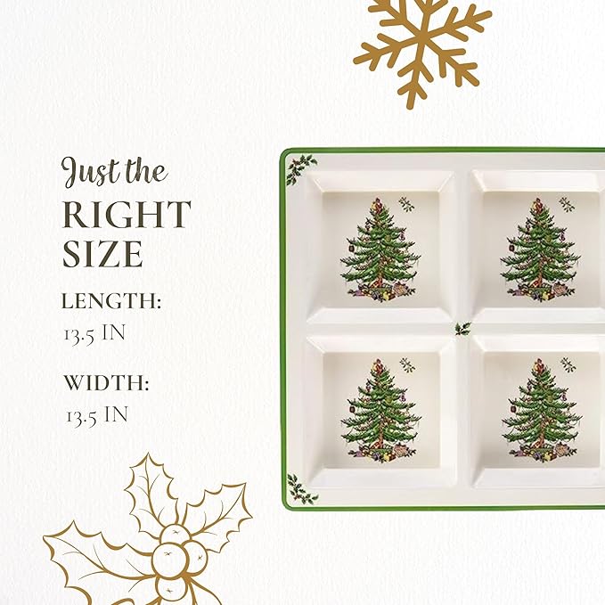Spode Christmas Tree Melamine 4-Section Tray, 13.5-Inch Divided Holiday Serveware for Nuts, Candy, Condiments - Festive Tableware - Durable Holiday Entertaining Accessory for Indoor & Outdoor Use