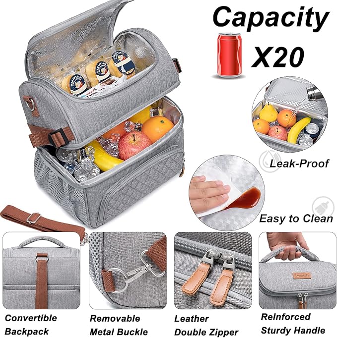 Artelaris Lunch Bag for Men Women, Large Double Deck Lunch Box Tote for Work, Dual Compartment Insulated Leakproof Lunchbox Cooler for Adult with Shoulder Strap & Side Pocket for Picnic Hiking Outdoor