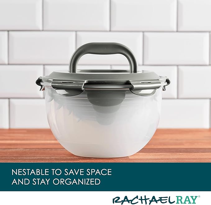 Rachael Ray Leak-Proof Nestable Container Food Storage Bin Set, 10-Piece, Clear with Gray Lids (Pack of 2)
