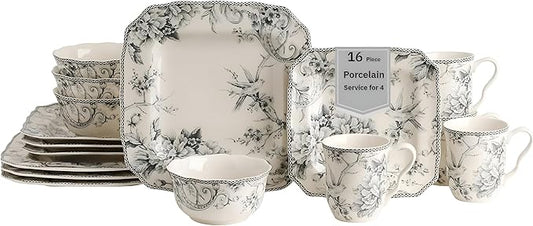 222 Fifth Adelaide 16-Piece Square Floral Dinnerware Set – Service for 4, Grey & White Porcelain Plates & Bowls, for Everyday Dining & Entertainment, Microwave & Dishwasher Safe, Chip Resistant