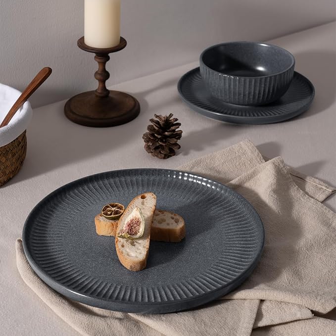 Famiware Starlight Dinnerware Sets, Plates and Bowls Dish Set of 8 (24 Pieces), Ribbed Textured Tableware - Dishwasher & Microwave Safe, Chip Resistant, Reactive Glaze, Matte Midnight Grey