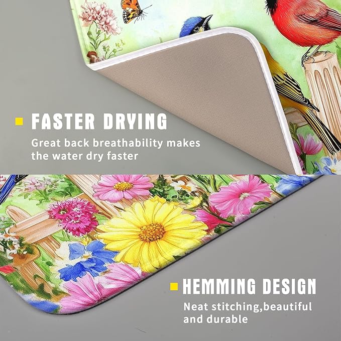Spring Birds Dish Drying Mats 16x18 Inch,Colorful Flowers Butterfly Absorbent Microfiber Dishes Drainer Rack Mat Tableware Drying Pad for Kitchen Countertop Coffee Bar Sink Decor