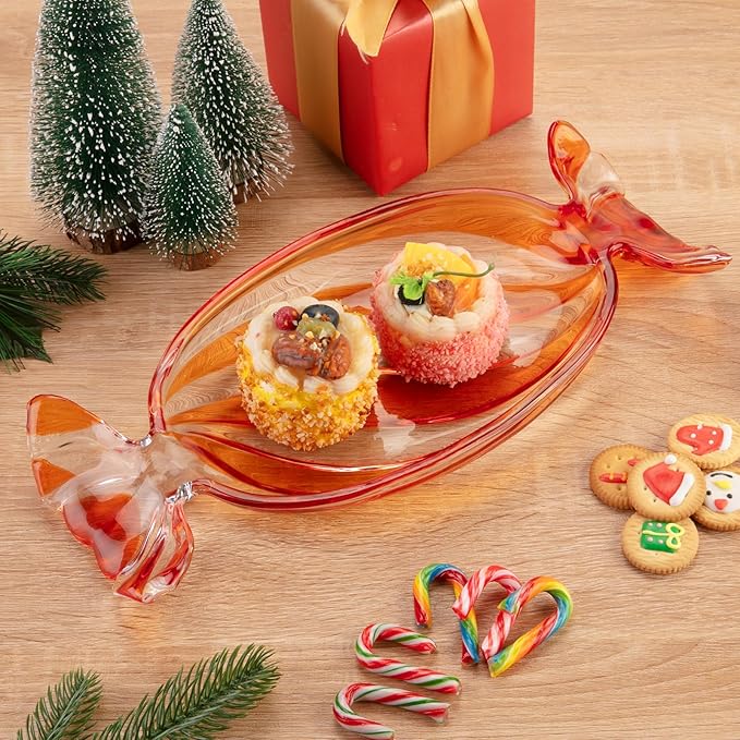 Christmas Platter Dish, Glass Candy Platter Serving Dessert Plates Christmas Dinnerware Tray Decorative Plates for Xmas Holiday Party Favor, Orange, Small