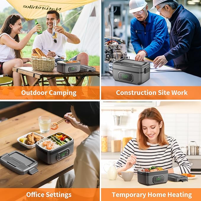 VVU&CCO Portable Electric Lunch Box for Adults with Timer,Rechargeable Self Heating Lunch Box for Men with 1.2L SS Container,21,000mAh Battery Powered, Convenient for Work/Travel/Camping