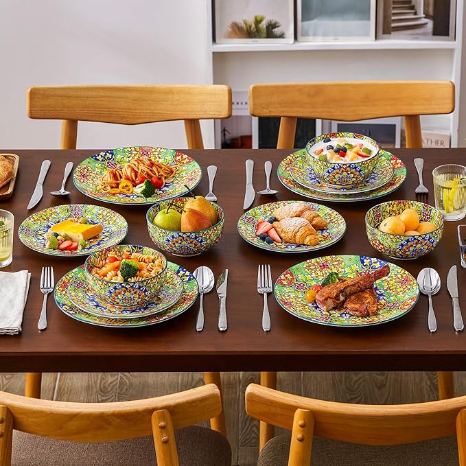 vancasso 12 Pieces Dinnerware Sets, Green Plates and Bowls Set, Porcelain Dishes Set for 4, Microwave and Dishwasher Safe, Scratch Resistant, Bohemian Style Dining Ware Service for 4, Series SIMI