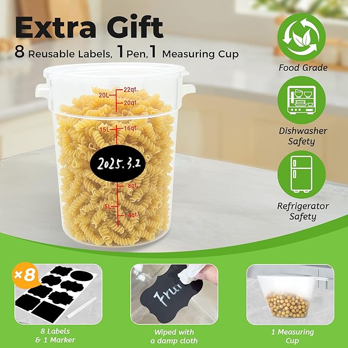 4 Pack Round Food Storage Containers with Lids, 22Qt Large Translucent, Polypropylene, BPA Free, Includes Labels & Measuring Cups