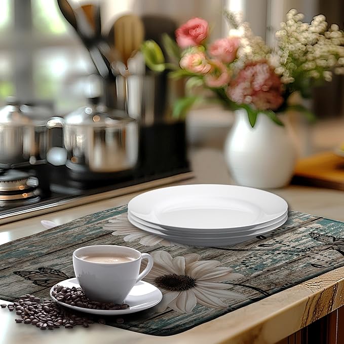 Summer Sunflower Vintage Dish Drying Mats for Kitchen Counter Country Rustic Daisy Farmhouse Kitchen Dishes Dryer Pad Fall Absorbent Dish Mat Microfiber Washable Foldable Reusable Large 18x24 in