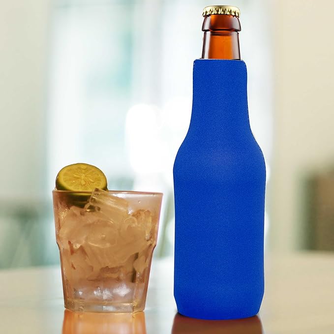 10 Neoprene Zippered Beer Bottle Coolies Pack - Sharkskin Rubber Bottom - Royal Blue