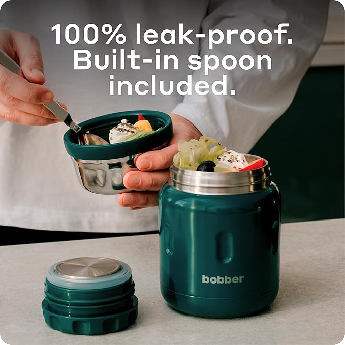 BOBBER 16 oz Wide Mouth Insulated Thermos Food Jar for Soup and Hot Food – Stainless Steel with Built-in Spoon and Bowl – Keeps Hot for 10 Hours, Cold for 15 Hours (Deep Teal)