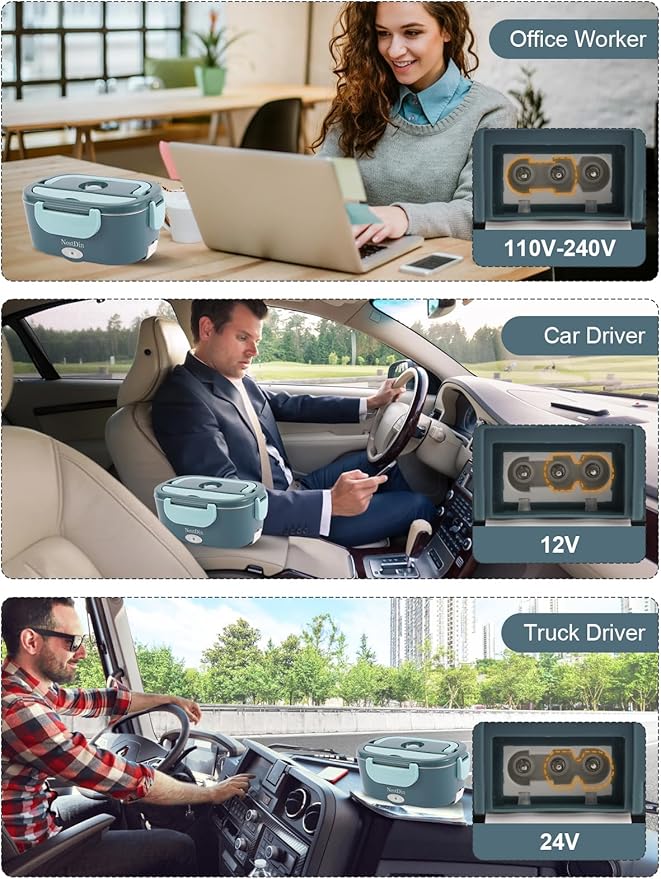 80W Electric Lunch Box for Adults, Portable Heated Lunch Box for Men, 1.5L Food Warmer Lunchbox for Car/Truck/Office, 12V/24V/110V Leak-Proof, Dishwasher-Safe with Insulated Bag (Minty Green)