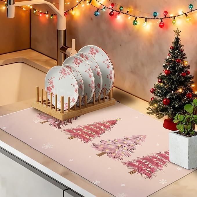 Pink Christmas Tree Dish Drying Mat, Winter Snowflake Xmas Tree Coffee Bar Mat for Countertops, Preppy Christmas Absorbent Dish Drying Mats for Kitchen Counter Coffee Maker, 16x24 Inch