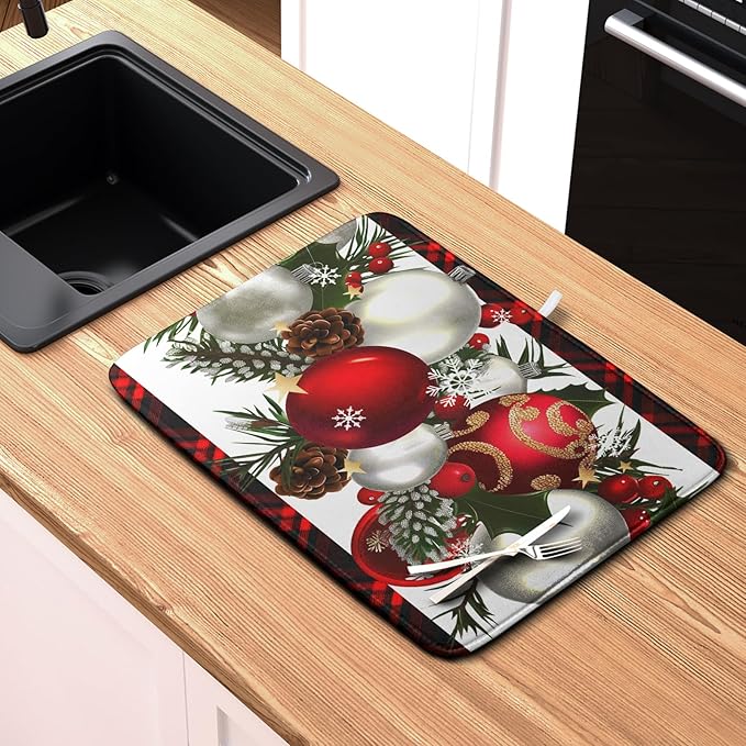 Red Buffalo Plaid Christmas Kitchen Drying Mats for Dishes Xmas Ball Snowflake Pine Cones Dish Drainer Rack Mat Winter Microfibe Absorbent Dish Drying Pad for Home Kitchen Counter Decor 18x24in