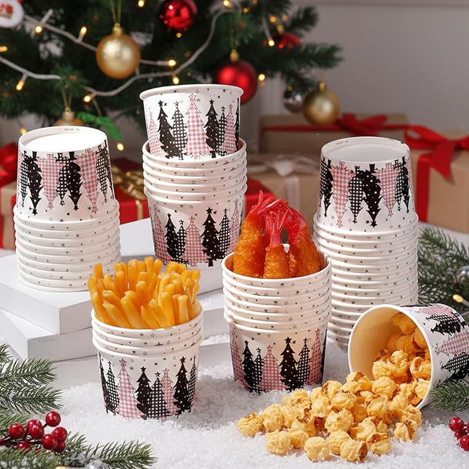 50 Pack Christmas Tree Treat Snack Cups Pink Gingham Buffalo Plaid Paper Ice Cream Cups 9 oz Xmas Tree Disposable Dessert Bowls for Hot or Cold Food Winter Xmas Holiday Party Supplies