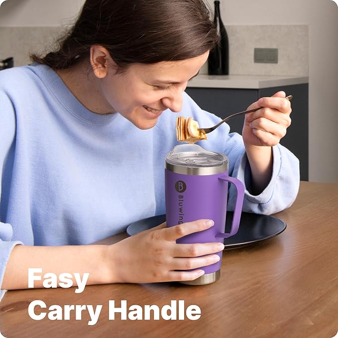 20 oz Insulated Tumbler with Handle Stainless Steel Travel Coffee Mug with Lid and Straw, Double Wall Tumbler Cups for Women and Men, BPA Free (Purple)