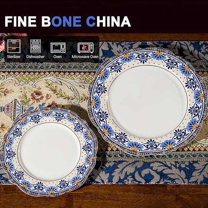 ACMLIFE 12-Piece Bone China Dinnerware Set, Blue and White Vintage Floral Dinnerware Set Service for 4, Lightweight Plates and Bowls Set with Gift Box (Blue-B)