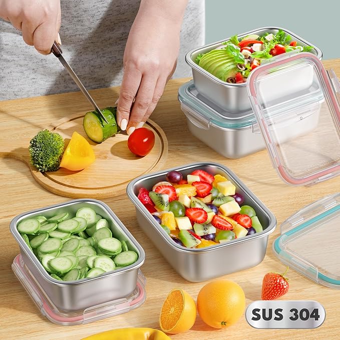 8 PCS Food Storage Containers with Lids Airtight, Stainless Steel Containers Set for Kitchen Storage, Meal Prep, Lunch Containers, Microwave/Dishwasher Safe (41oz & 24oz)