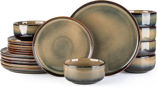 TheTerra Ceramic Dinnerware Sets for 6, 18 Pieces Handmade Reactive Glaze Plates and Bowls Set, Scratch Resistant Dish Set, Oven & Microwave & Dishwasher Safe, Coca Mocha