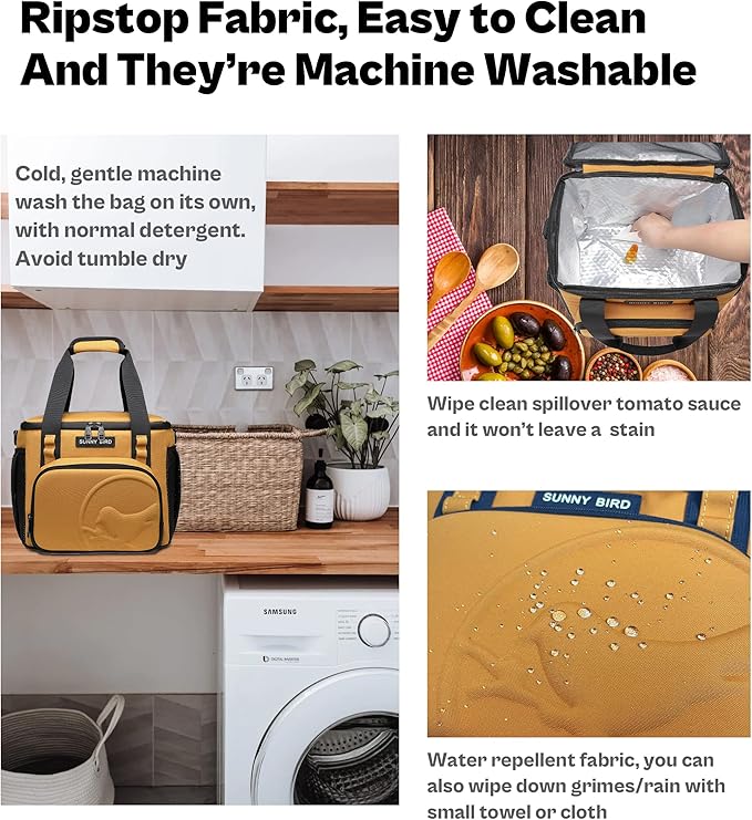 SUNNY BIRD 12L Large Insulated Lunch Bag, Leakproof and Foldable Lunch Cooler Box for Women Adult and Men, Fits 18 Cans (Ochre 01)