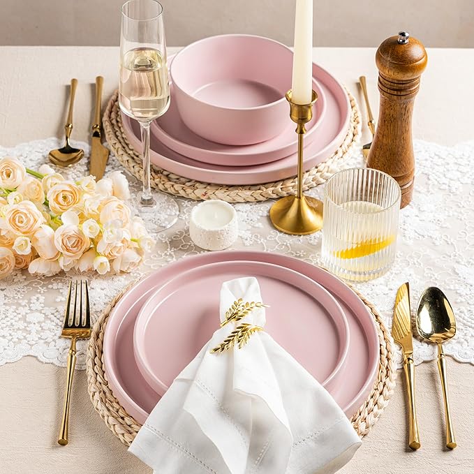 AmorArc Ceramic Dinner Plates Set of 6,10.0 Inch Matte Stoneware Plates for Kitchen,Modern Flat Dinnerware Dishes Set,Microwave& Dishwasher Safe, Scratch Resistant, Matte Pink