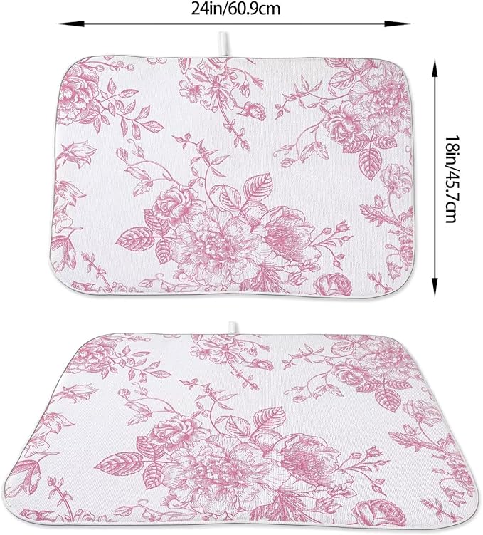 Pink Chinoiserie Floral Dish Drying Mat 18 x 24 inch Vintage Flower Decorative Drying Mats Microfiber Absorbent Dish Washable Draining Mat for Kitchen Counter Decor