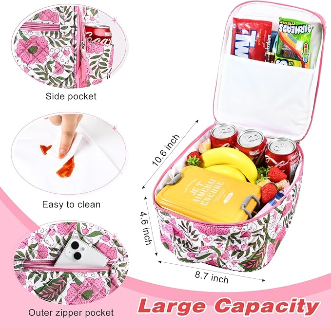Aileam Lunch Box Lunch Bag for Women Cute Girls Lunch Box Insulated Womens Lunch Bag For Work Quilted Large Capacity Reusable Insulated Cooler for Work School Picnic Travel, Vintage Flower