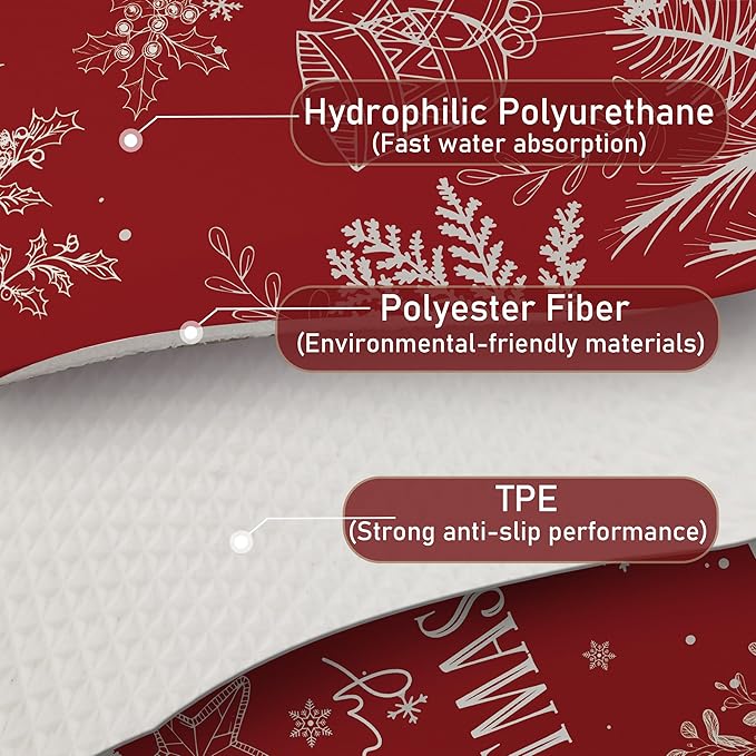 Red Merry Christmas Dish Drying Mat, Winter Snowflake Holly Leaf Coffee Bar Mat for Countertops, Holiday Christmas Absorbent Dish Drying Mats for Kitchen Counter Coffee Maker, 16x24 Inch